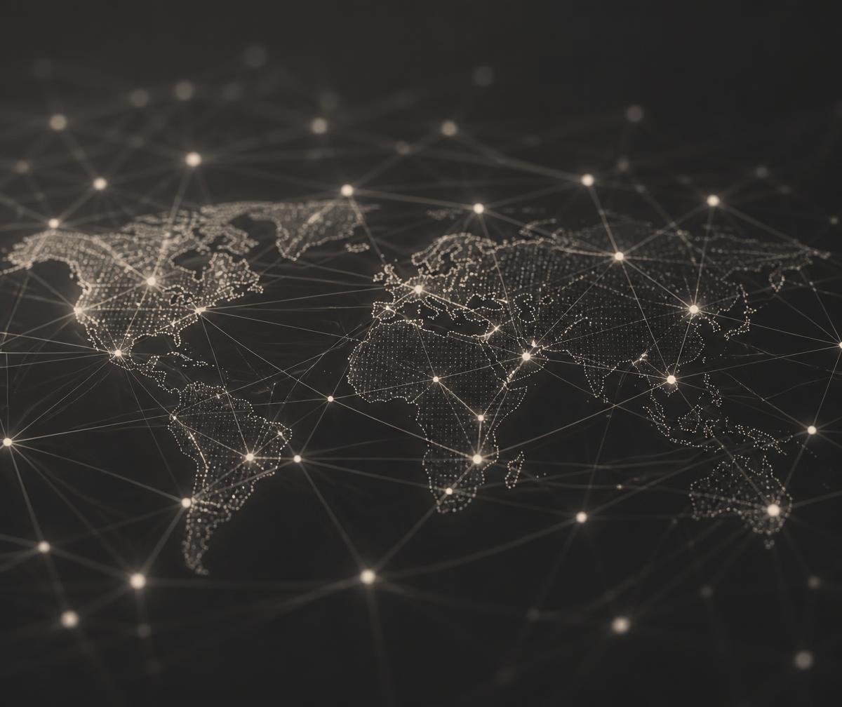Abstract network of illuminated connection lines arcing between North America and Europe, representing distributed teams and connected systems